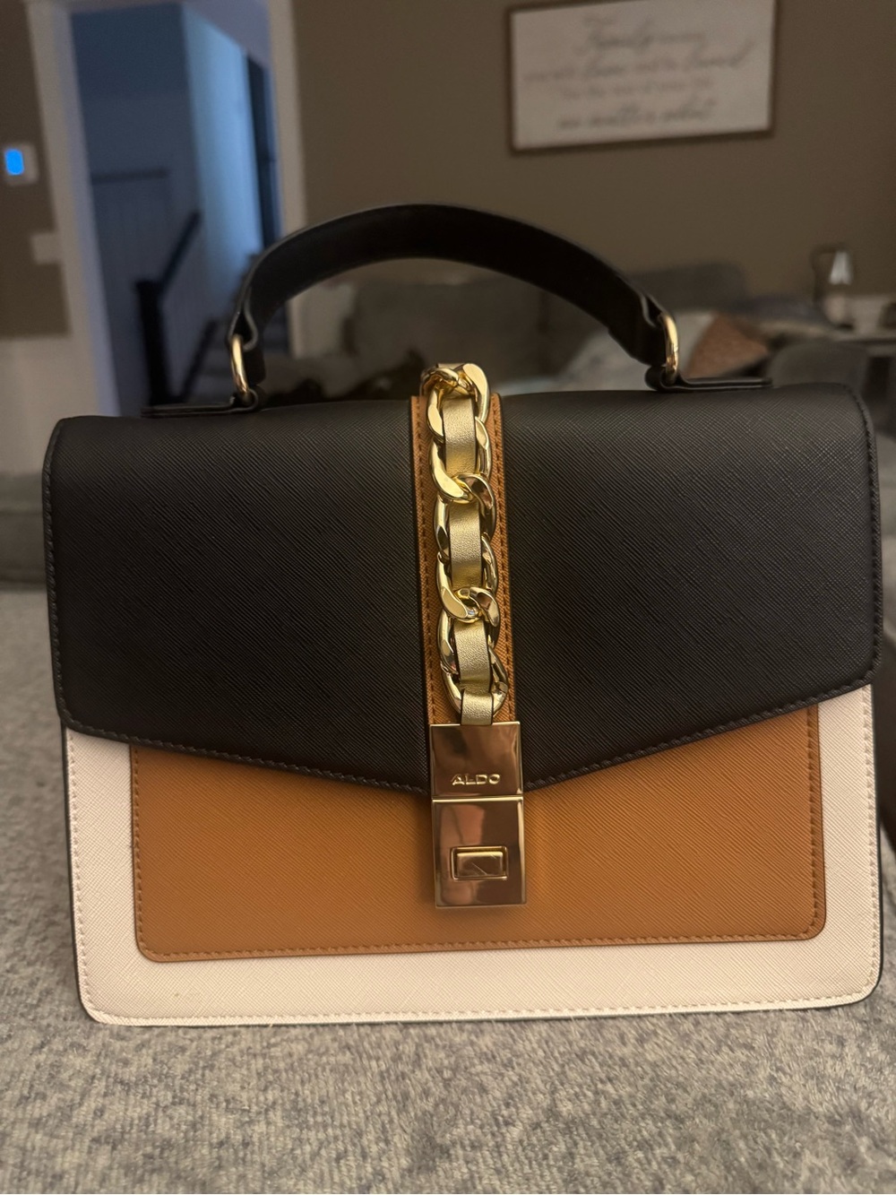 Aldo Black, Tan & Cream Colorblock Top-Handle Satchel with Gold Chain Accent